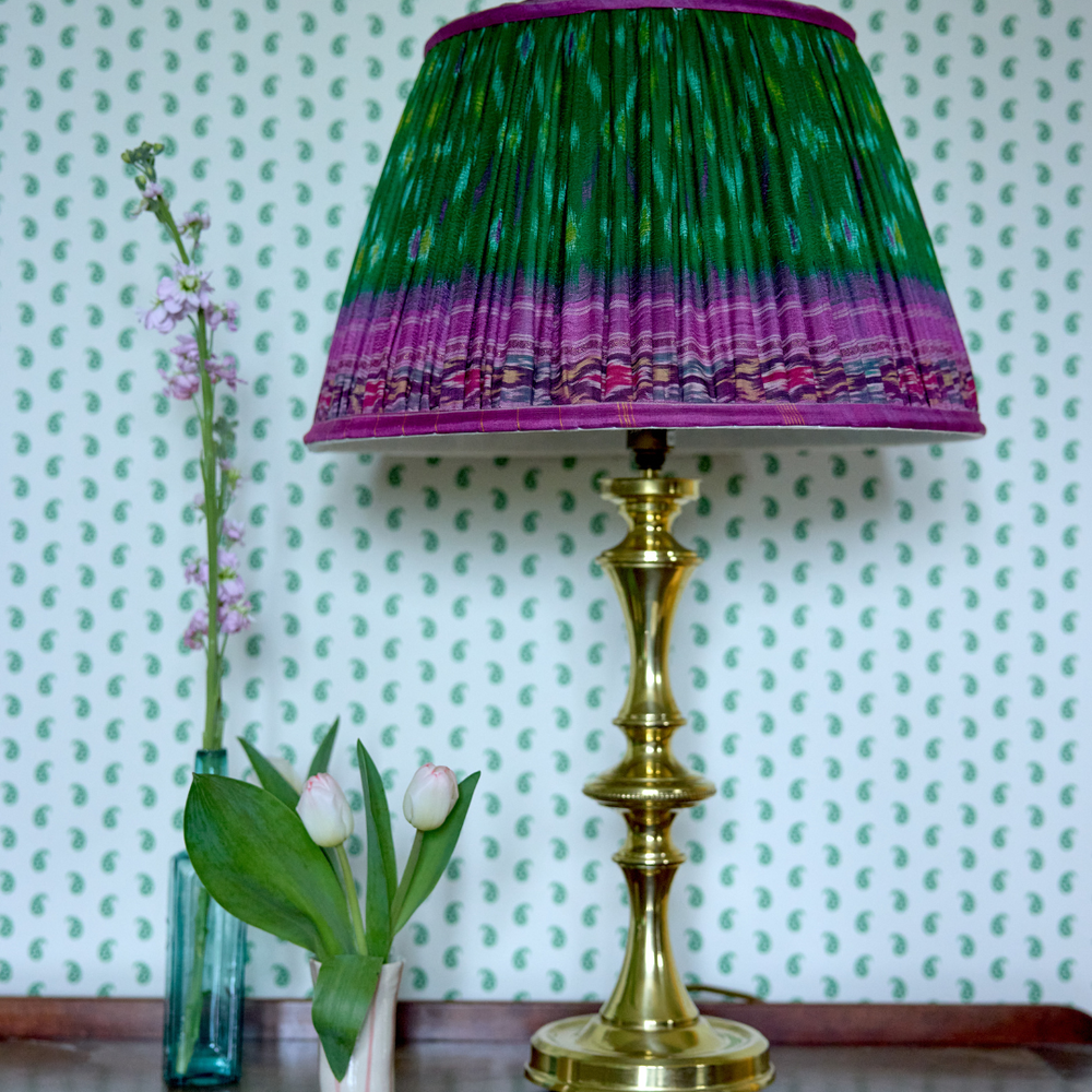 
                      
                        41cm Pink and Green Silk Sari Lampshade
                      
                    