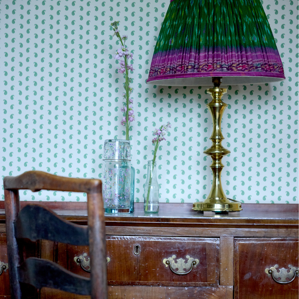 
                      
                        41cm Pink and Green Silk Sari Lampshade
                      
                    