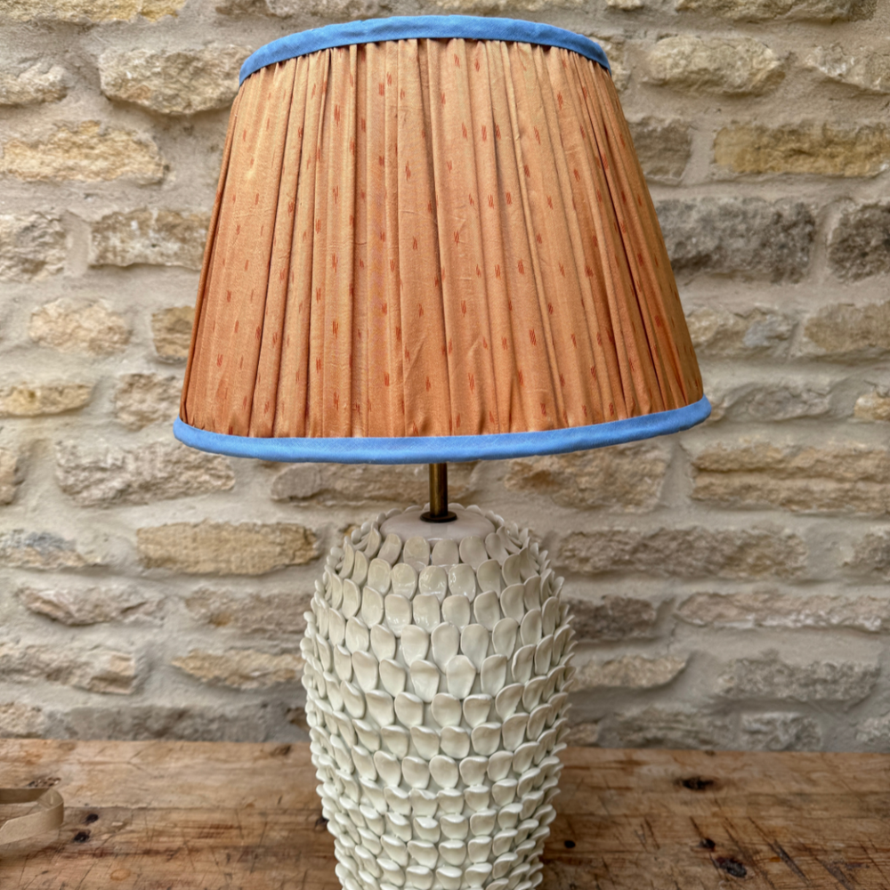 
                      
                        36cm Orange Silk Sari Lampshade with Blue Trim
                      
                    