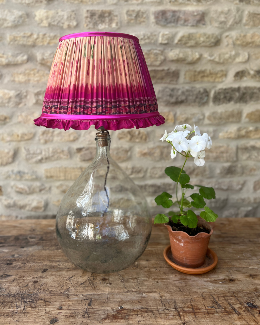 36cm Peach and Pink Frilly Silk Sari Lampshade with Pink Trim