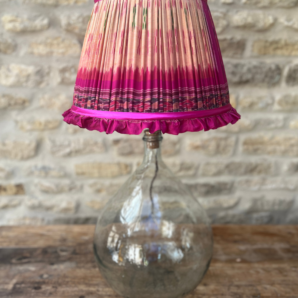 
                      
                        36cm Peach and Pink Frilly Silk Sari Lampshade with Pink Trim
                      
                    