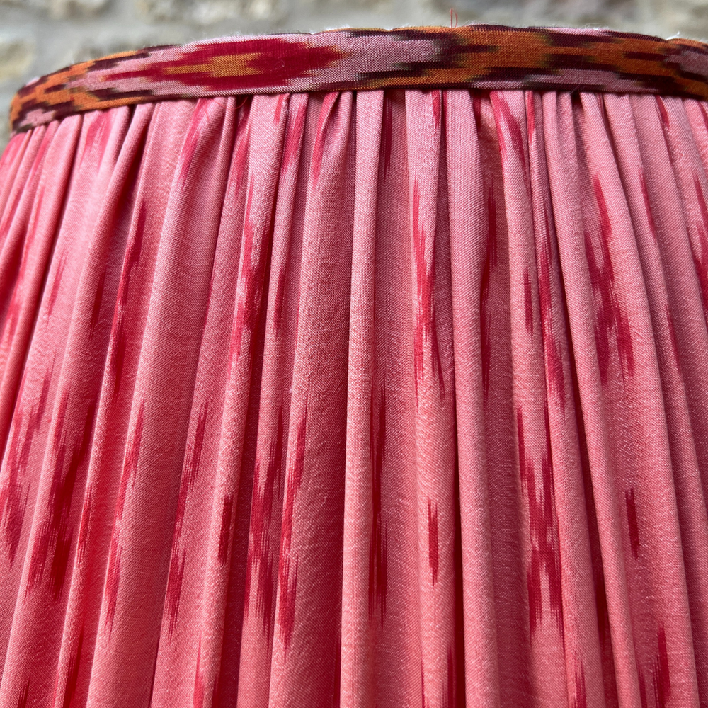 
                      
                        36cm Pink Silk Sari Lampshade with Geometric Trim
                      
                    