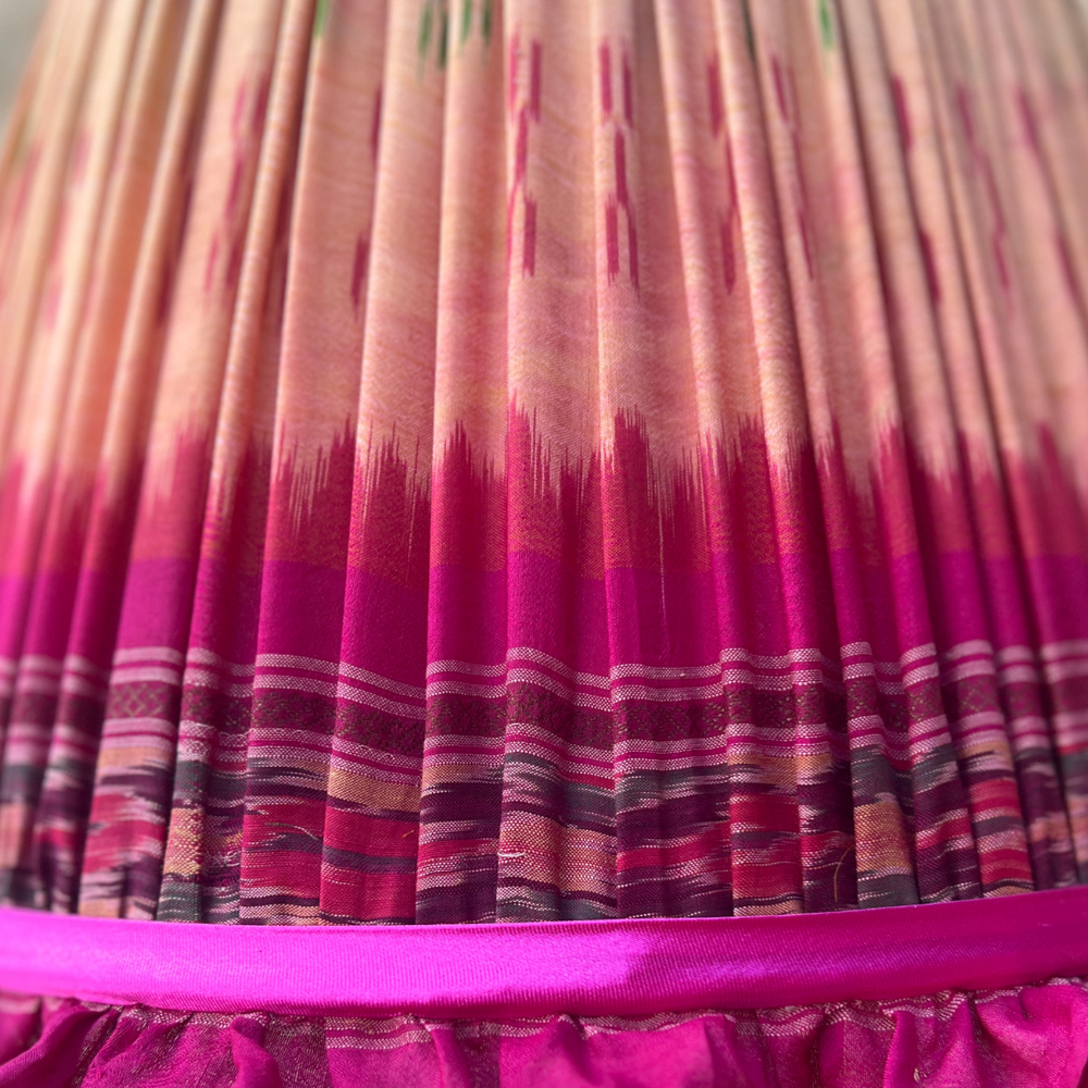 
                      
                        36cm Peach and Pink Frilly Silk Sari Lampshade with Pink Trim
                      
                    
